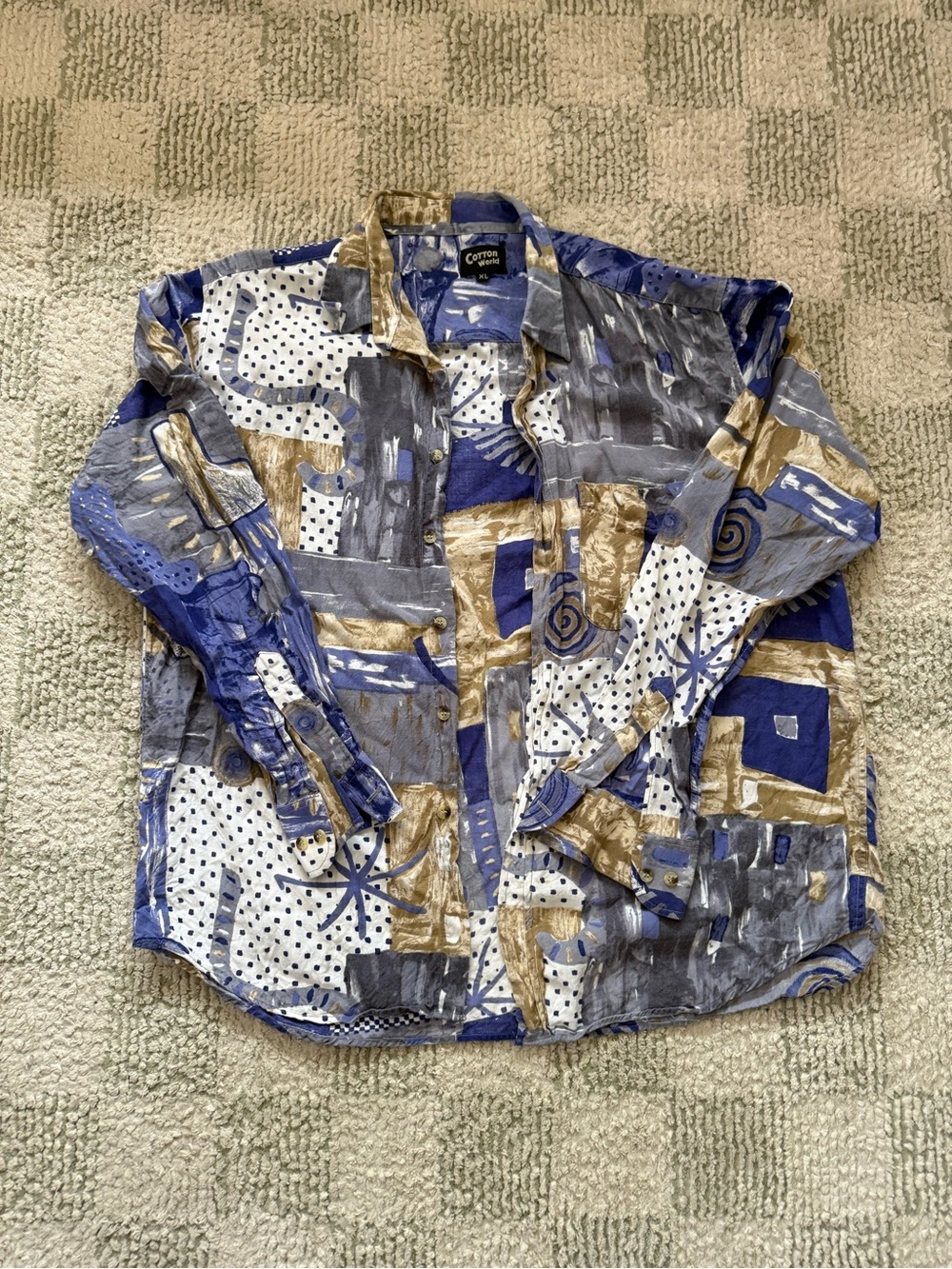 Abstract Pattern Button-Up Shirt in Blue, Gray & Tan